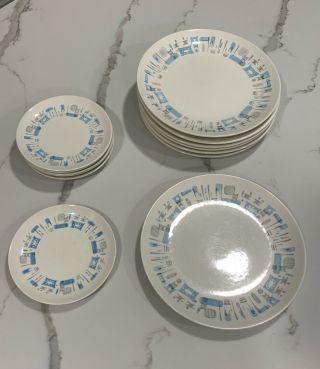 Royal China Blue Heaven Mid - Century Atomic 10” Dinner Plates & Bread Plates