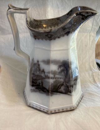 1850 19th Century Milk Pitcher Black Mulberry Flow Ironstone Antique Octogon