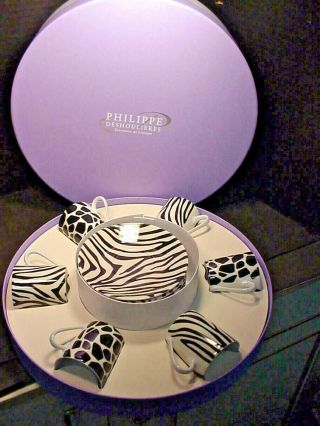 Philippe Deshoulieres Limoges Zebra Panther Demi Tasse Set Of 6 W/box
