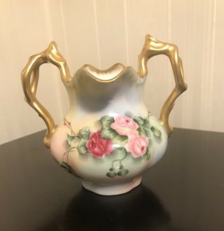 Antique T&v Limoges Porcelain Double Handle Pitcher Pink Roses,  Lush Gilt Gold