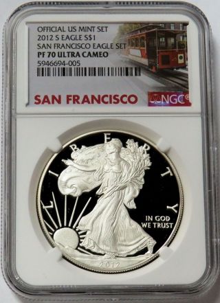 2012 S San Francisco American Silver Eagle Proof $1 Ngc Pf 70 Uc Trolley Label