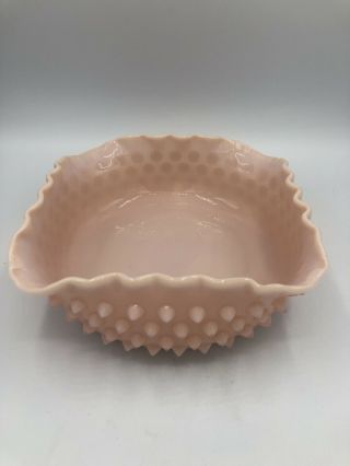 Vintage Fenton Light Pink Milk Glass Opaque 7 " Square Hobnail Bowl Ruffle Edge