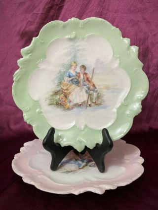 Antique A Lanternier Limoges Hand Painted Plates Courting Couple Lovers C 1890 