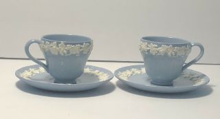 Wedgwood Embossed Queensware Cream On Lavender Blue 2 Coffee Cups & 2 Saucers