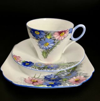 Shelley Pink And Blue Daisy Tea Cup,  Saucer,  Plate Set,  As