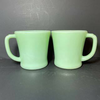 2 Restaurant Fire King Jadeite Green D Handle Mugs Glass Coffee Cups