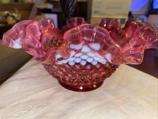 Vintage Fenton Cranberry Glass Opalescent Hobnail Ruffled Bowl Pink White Large