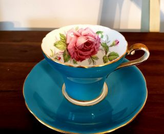 Aynsley Corset Cup And Saucer Cabbage Rose Turquoise