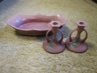Roseville Pottery 383 - 12 Bleeding Hearts Console Bowl And 1139 - 4 Candlesticks