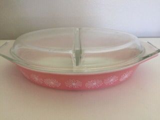 Vintage Pyrex Pink White Daisy Divided Casserole Dish And Lid 1 1/2 Qt.