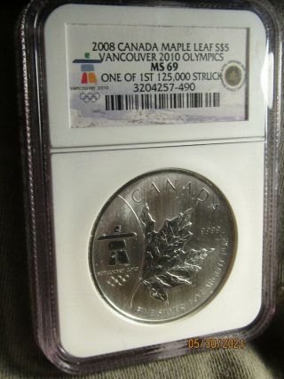 2008 Canada Silver 1oz.  $5 Maple Leaf.  Vancouver 2010 Olympics.  Ngc Ms - 69