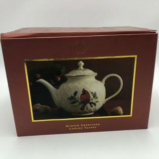 Lenox Winter Greetings Carved Teapot Red Cardinal China Porcelain