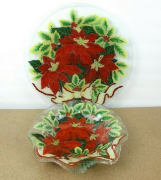 Peggy Karr Fused Art Glass Poinsettia 13.  75 " Plate & 10.  5 " Bowl (c @b8)