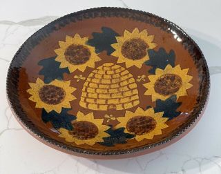 Vintage Ned Foltz Pottery - 9” Slip Decorated Redware Plate Dated 1995