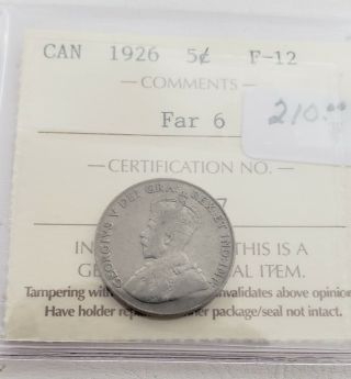 Can Coins,  Iccs Cert 1926 5 Cent F - 12 Far 6