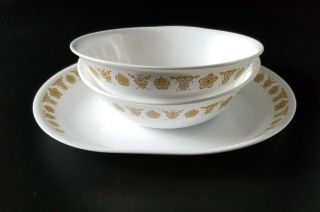 Corelle Butterfly Gold (2) 8.  5 " Vegetable Serving Bowls And (1) 12 " Platter
