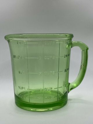 Vintage A & J Hazel Atlas 4 Cup Green Vaseline Glass Measuring Cup Uv Glow