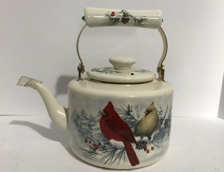 Lenox Winter Greetings Red & Yellow Cardinal Enamel Tea Kettle Pot 6120521