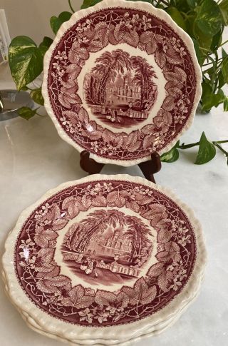 Set Of 4 Vintage Mason,  S Vista Pink/red England Ironstone Plates 9 "