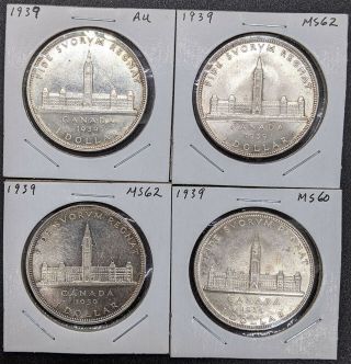 4 X 1939 Canadian Silver $1 Dollar Coins