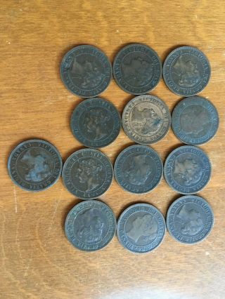 13 Antique Bronze Canadian Canada Coins One Cent Victoria: 1859,  1876,  1884,