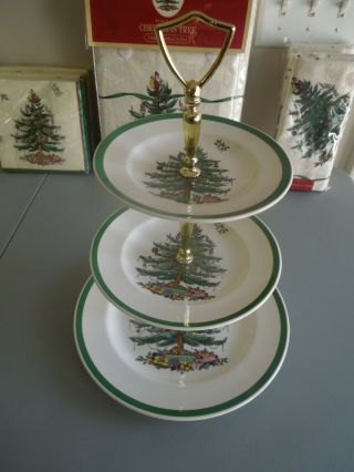 2 Spode Christmas Tree Green Trim Tiered Serving Trays (made In England)