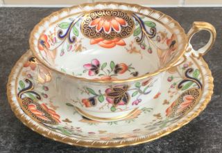 Antique English Derby C1820s Porcelain Gaudy Welsh Imari 615 Cup & Saucer Duo
