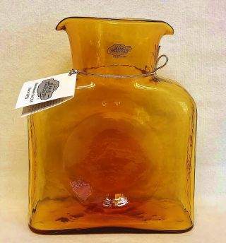 Nwt 2015 Blenko Art Glass Honey Amber Pinched Dbl Spout Water Bottle Jug Pitcher