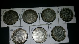 (7 Coins) 1937 - 1938 - 1939 - 1940 - 1941 - 1942 - 1943 Canadian 80 Silver Half Dollars