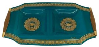 1960s Georges Briard Mid Century Modern Turquoise Gilt Glass Wood Tray Dish Bowl