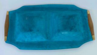 1960s Georges Briard Mid Century Modern Turquoise Gilt Glass Wood Tray Dish Bowl 2