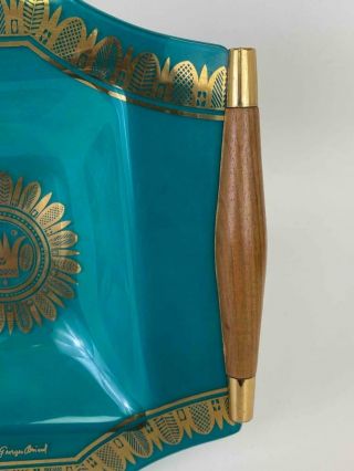 1960s Georges Briard Mid Century Modern Turquoise Gilt Glass Wood Tray Dish Bowl 3