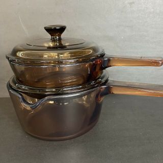 4 Pc Set Corning Pyrex Vision Ware Amber Glass Pots Sauce Pan Cookware W/ Lids