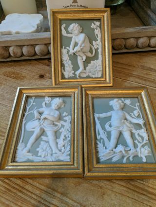 Antique Vtg Wall Plaque Cherubs Angels Green Ceramic Seasons Picture Frame