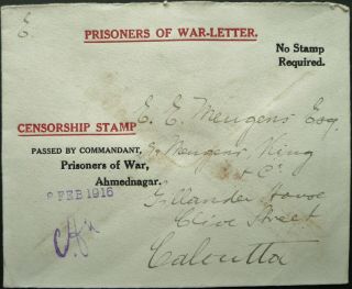 India 8 Feb 1916 Wwi Prisoner Of War Cover From Ahmednagar To Calcutta