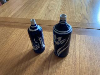 Two Robert Picault French Art Pottery Bottles Or Stem Vases With Blue Glaze