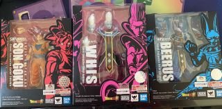 S.  H.  Figuarts Figures Beerus Son Goku Whis Sdcc 2021 Exclusive In Hand
