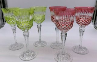 Elegant Six Cristallerie Lorraine France Wine Crystal Glasses Rose & Lt Lime 2