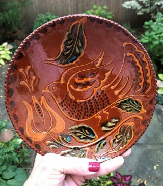 Vintage Ned Foltz Pottery - 7 1/2” Slip Decorated Redware Plate Dated 1990