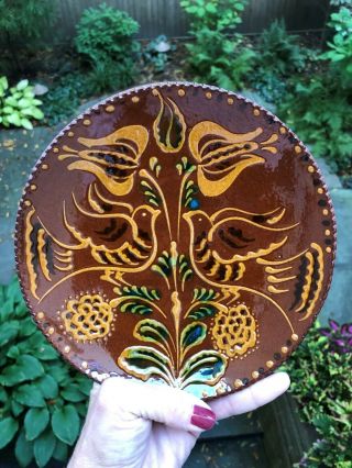 Vintage Ned Foltz Pottery - 7 1/2” Slip Decorated Redware Plate Dated 1989