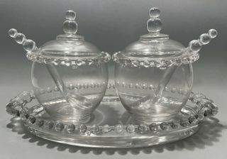 Imperial Candlewick Mustard Jam Glass Condiment Set Spoon Oval Tray 7 Pc