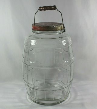 Vintage Anchor Hocking Glass Pickle Jar Red Armour Lid Wood Handle 13 "