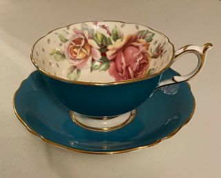Vintage Paragon Teal With Roses Double Warrant Teacup & Saucer.