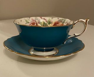 Vintage Paragon Teal with Roses Double Warrant Teacup & Saucer. 2