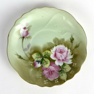 Set Of 4 Vintage Lefton China Green Heritage Rose Saucers Hand Painted Vtg