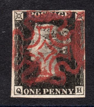 1840 Penny Black Sg 1 Plate 8 (q H) 1d Black With A Stunning Red Maltese Cross