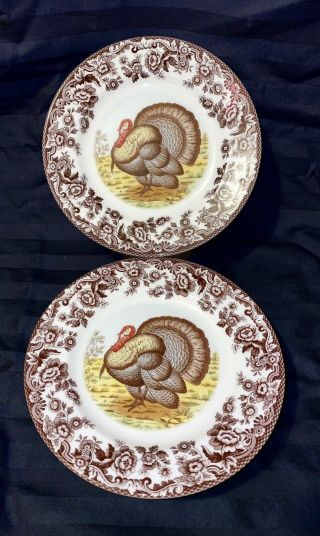 3 Spode Woodland Turkey Game Bird 7.  75” Salad Dessert Plates Made In England