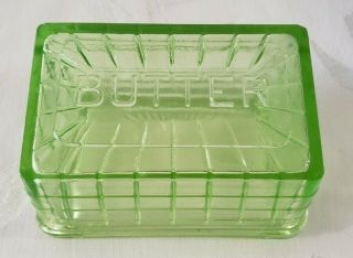 Anchor Hocking Block Optic Green Depression Glass Butter Dish Uranium 1929 - 1933