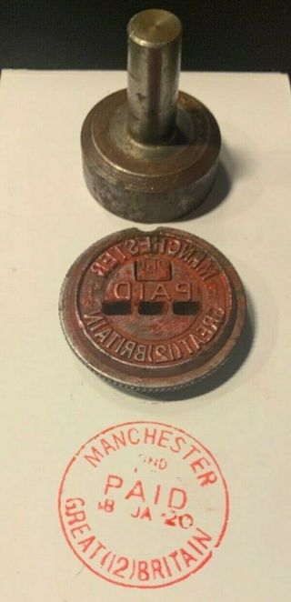 Royal Mail / Post Office Hand Stamper : Manchester Gb Scarce Red Paid Die Face