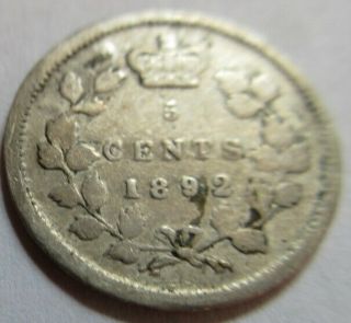 1892 Canada Silver Five Cents Coin.  Queen Victoria 5 Cents (rj18)